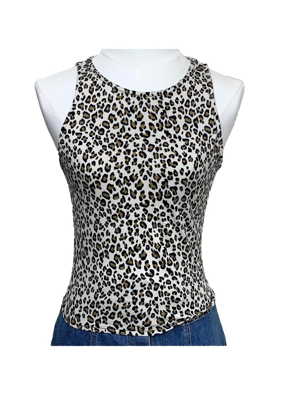 Gaze Tank Top Women XS Leopard Animal Print High Neck Sleeveless Slim Fit Cream